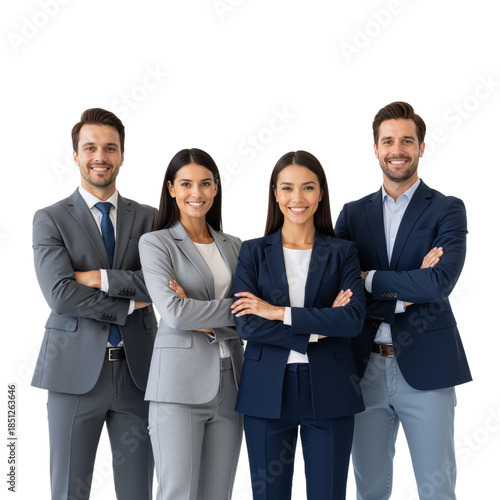 Four Professionals in Grey and Navy Suits Pose with Crossed Arms Against White Background — Coordinated Attire, Warm Smiles, Confident Stances — Representing Trust, Teamwork, and Unified Leadership in