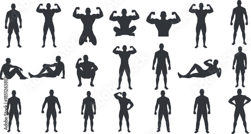Male fitness bodybuilder silhouette poses set muscular men exercising standing sitting flexing black vector illustration isolated