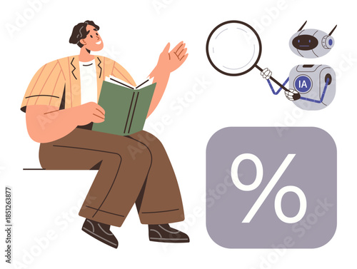 Man seated reading book, AI robot holding magnifying glass near percentage symbol. Ideal for education, technology, analysis, innovation, AI concepts, learning tools research. Simple flat metaphor