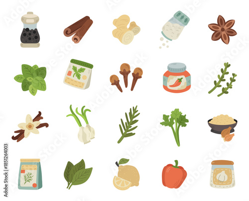 Kitchen spice ingredient set in scandinavian style featuring herbs seasonings sauces and aromatic elements for cooking culinary food projects, perfect for your illustration