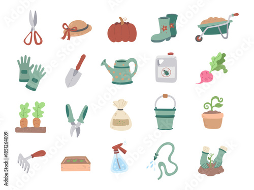 Garden set in scandinavian style, tools and planting equipment for cultivating vegetables and maintaining activities with various helpful items designed for everyday work and for your projects