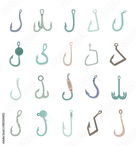 Fishing hook set in scandinavian style presents varied angling tackle shapes designed for outdoor use projects illustration needs marketing, branding, advertising, publishing