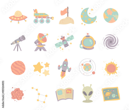 Astronomy set in scandinavian style exploring diverse celestial objects for scientific observation across cosmic phenomena within imaginative educational research discovery creative designs projects