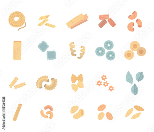 Pasta food set in scandinavian style featuring spaghetti penne lasagne rigatoni gobbetti cannelloni ravioli cavatappi rotelle anelli fusilli farfalle conchiglie orzo