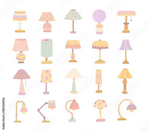 Lamp set in scandinavian style with various interior table and desk lighting forms for cozy interior decoration projects and warm home illustration design needs purposes