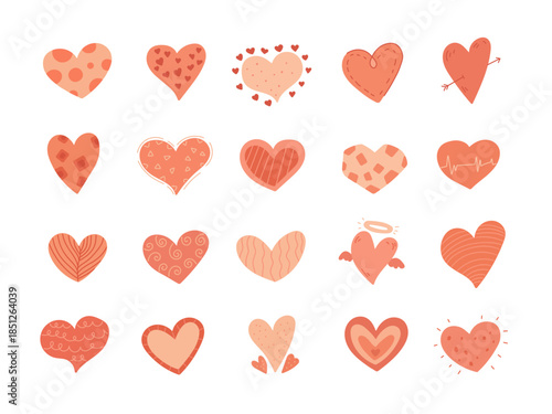 Heart valentine love set in scandinavian style with different decorative shapes romantic symbols festive object affection romance perfect for your creative designs projects