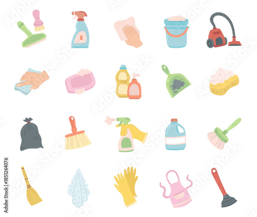 Cleaning set in scandinavian style objects for bathroom kitchen sanitation maintenance routines with brush, spray, canister, bottle, sponge, gloves, broom, bucket, vacuum