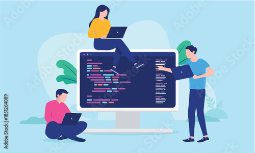 Digital development people - Three characters working on computer with code language doing programming. Flat design vector illustration with blue background