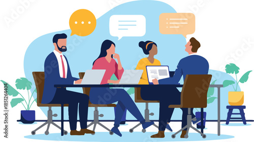 Diverse business professionals engaged in lively discussion and idea exchange during a collaborative office meeting, utilising laptops for teamwork and planning. Flat design vector illustration