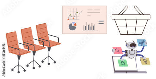Office chairs, financial chart, AI robot multitasking with digital icons, and a shopping basket concept. Ideal for innovation, e-commerce, market analysis, teamwork, automation management