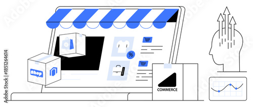 E-commerce concept. E-commerce platforms online shopping stores with product packaging, carts, and data analytics. E-commerce driving digital business growth. For online retail, marketing, business