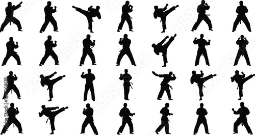 Martial arts karate silhouettes set showing fighting stances kicks punches training poses isolated on white background vector illustration collection design