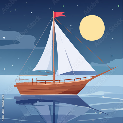 Night sailing of an old wooden sailboat at sea during moonlight