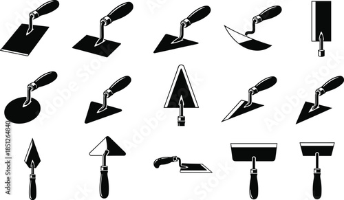 Masonry trowel icons set different shapes plastering tools flat black vector illustration isolated white background construction toolkit