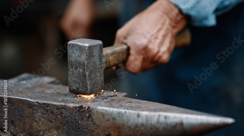 A sturdy hand forges fiery sparks on ancient anvil, echoing bygone craftsmanship on International Blacksmith Day and Labor Day