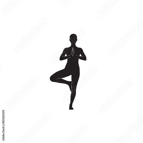 Black silhouette of woman in tree pose yoga with hands in prayer position 1