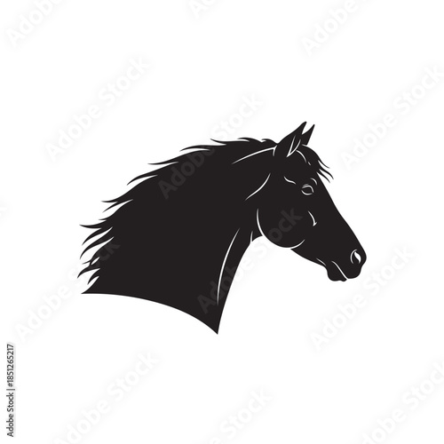 Black horse head silhouette with flowing mane on white background
