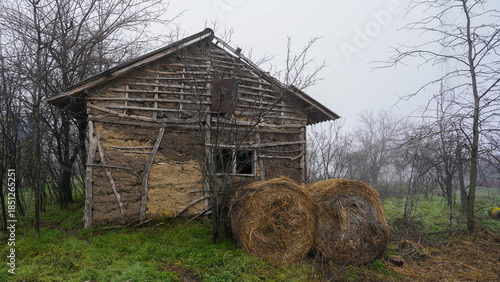 Φωτογραφία old, derelict house, built of wood and earth