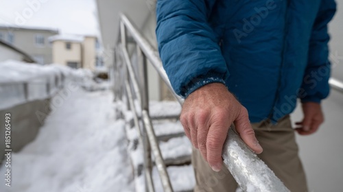 Snow-dusted rail escapes grasp of bundled, contemplative figure, echoing Hibernal Solstice introspection and Icelandic Thorri Fest
