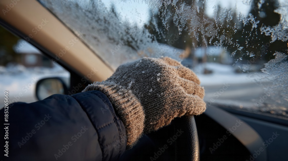 Fototapeta premium Gloved hand clutching frosty steering wheel, Nordic winter frostbite drive, Yuletide journey, whimsical icy road odyssey