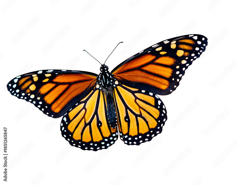 Fototapeta premium Monarch Butterfly with Orange Black and White Wings on Black Background insect lepidoptera