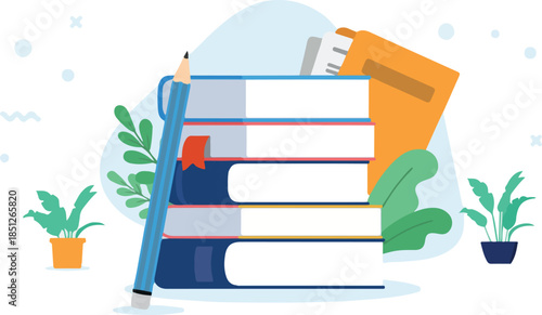 Education graphic - Vector illustration of educational stack of school books with pencil. Lecture, course and class concept in flat design with white background