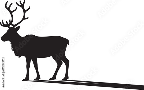 A majestic reindeer silhouette casting a long shadow on a stark white background