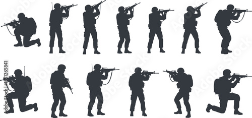 Military soldier silhouettes set aiming rifles in different combat poses flat vector illustration isolated white background army concept