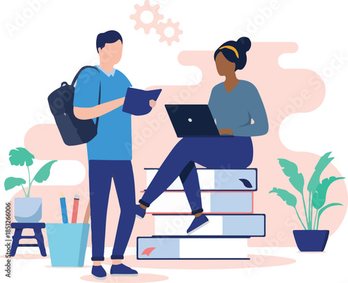 Education students reading - Male and female student doing schoolwork together, sitting and standing reading on computer and book. Flat design vector illustration with white background