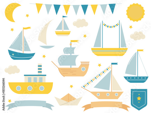Bright children's set with sea transport, garlands and flags