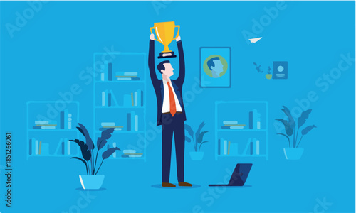 Employee of the month - Business man holding a trophy over his head in the office. Winner, success, best worker, man of the year concept. Vector illustration