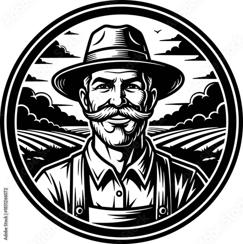 Vintage farmer logo, black white illustration, circular agriculture emblem, beard hat overalls sketch, farmland background design, rural branding art