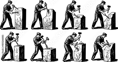 Sculptor process illustration, stone carving sequence, black white line art, hammer chisel panels, artistic transformation sketch, craftsmanship concept drawing