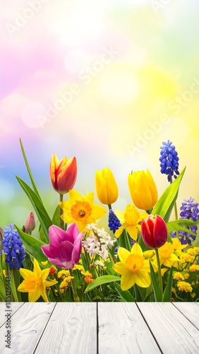 Spring flowers on a light wooden surface