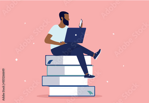 Ethnic man doing online education sitting on books with laptop and smartphone. E-learning, gaining knowledge and self improvement concept. Vector illustration