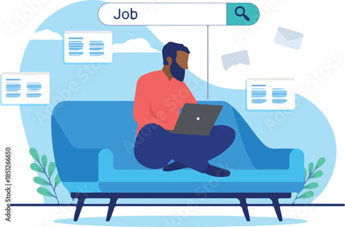 Ethnic man job search - Black person sitting in couch searching for work at home on laptop computer. Flat design vector illustration with white background