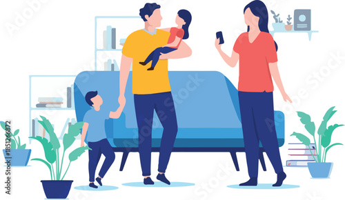 Family at home - Parents with two children standing in living room together taking photo with mobile phone. Flat design vector illustration with white background