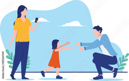 Family moments - Two parents, mom and dad playing outside with child and taking pictures with mobile phone. Creating memories concept, flat design vector illustration on white background
