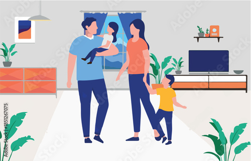Family of four at home - Parents with two children standing indoors in living room holding and looking at kids. Flat design vector illustration