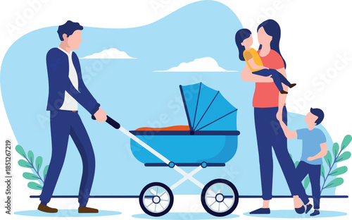 Family outdoors - Parents with kids and baby stroller taking a walk outdoors. Flat design vector illustration with white background