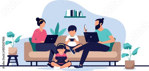 Family using various digital devices and screens such as laptops, a smartphone and a together on the sofa at home, flat design vector illustration