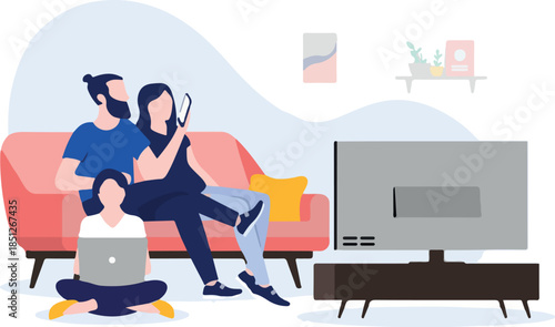 Family using internet at home - Watching tv, using computer and smartphone. Wifi and home network concept. Vector illustration