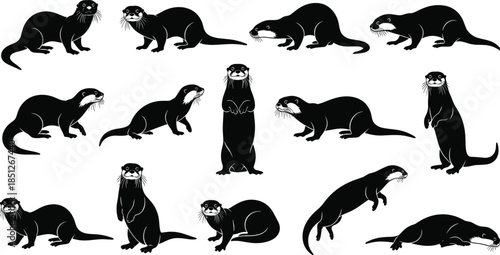 Otter silhouette vector set showing multiple poses, playful aquatic mammals, black wildlife animal icons isolated on white background