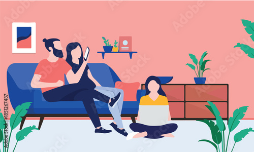Family using wifi at home - Man woman and teen sitting online with phone and computer. Domestic life concept. Vector illustration