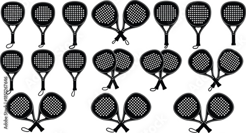 Padel racket set silhouette paddle tennis bats sports equipment icons black and white vector illustration isolated