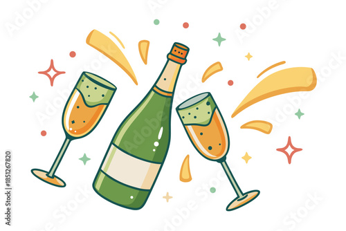 Champagne bottle popping open with two glasses for celebration and toast, vector art