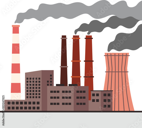 Industrial facility pollution illustration, smokestacks with dark smoke, environmental impact concept, air contamination visual, toxic emissions, climate hazard, stock image