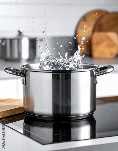 Stainless steel pot with water splashing