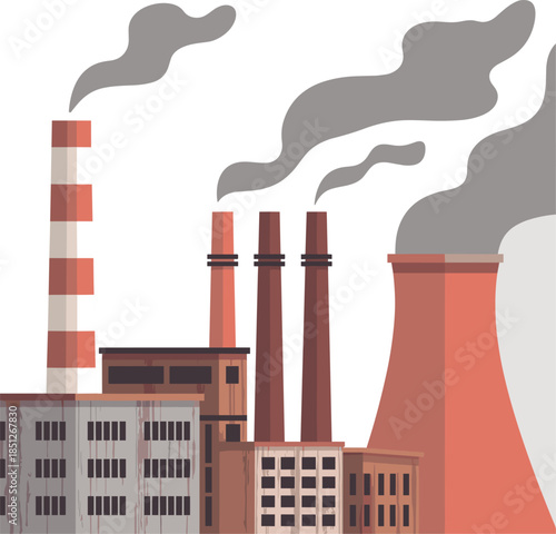 Industrial facility pollution illustration, smokestacks emitting dark smoke, environmental impact concept, air contamination visual, toxic emissions, climate hazard, stock image
