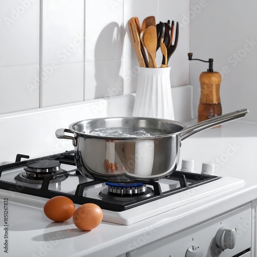 Stainless steel pot boiling on a stovetop with eggs